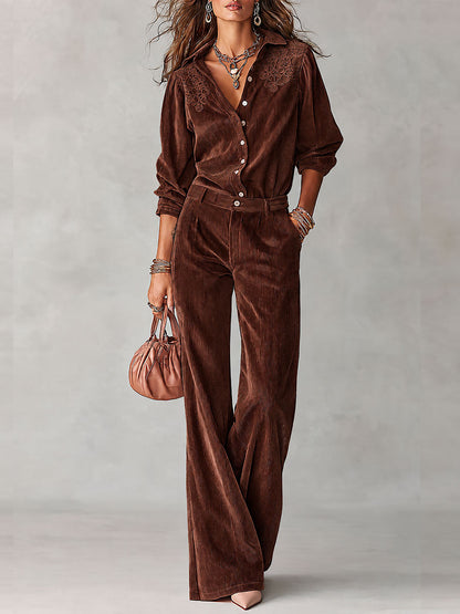 Ginetta | completo camicia e pantalone in velluto a coste, Cioccolato