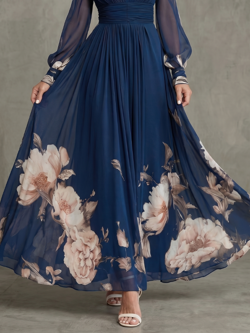 Zelina – abito maxi in chiffon blu navy, dettaglio gonna con stampa floreale