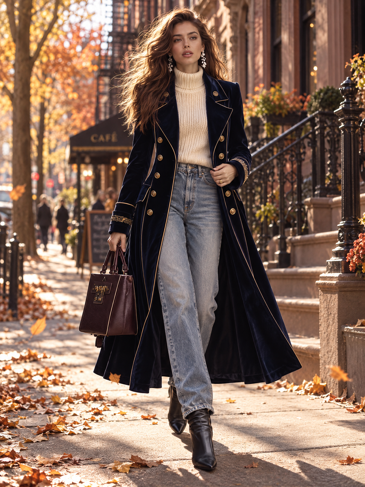 Cordelia | Cappotto Lungo in Velluto con Doppiopetto e Profili Dorati, Blu Navy