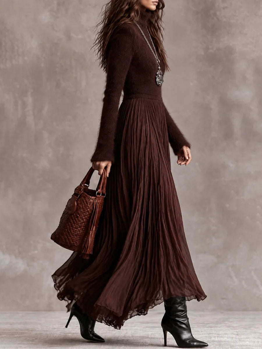 Leopolda | Abito Maxi in Maglia Morbida con Gonna Plissé in Chiffon, Cioccolato