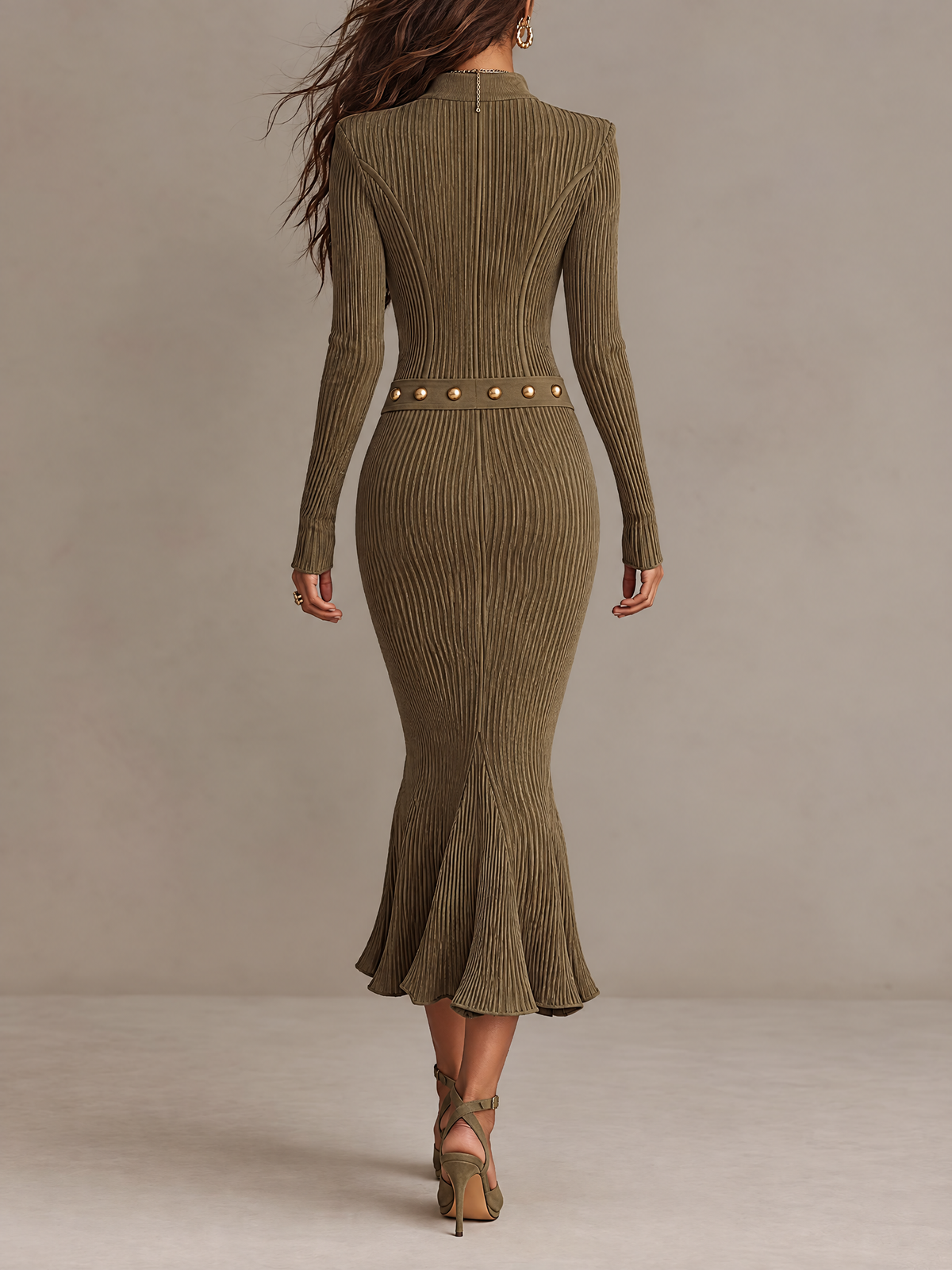 Placida | Abito Midi in Maglia a Coste con Zip, Verde Oliva