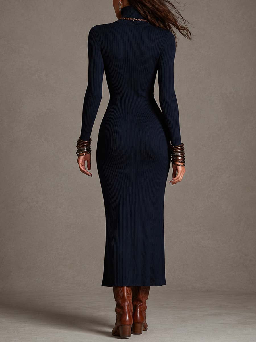 Norina | Abito Midi in Maglia a Coste con Collo Alto, Blu Navy