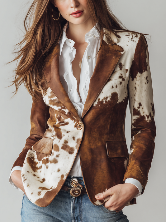 Agathe | Blazer Vintage Effetto Scamosciato con Stampa Mucca, Marrone e Bianco