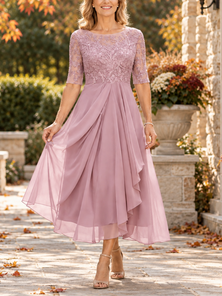Rosina | Abito Midi con Corpetto in Pizzo e Gonna in Chiffon, Rosa Antico