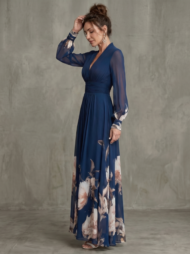 Zelina – abito maxi in chiffon blu navy, vista di tre quarti