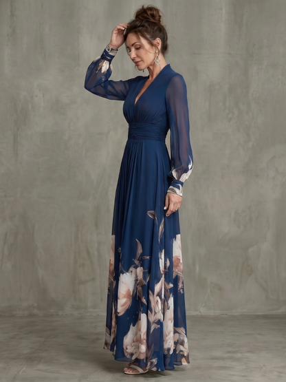 Zelina – abito maxi in chiffon blu navy, vista di tre quarti