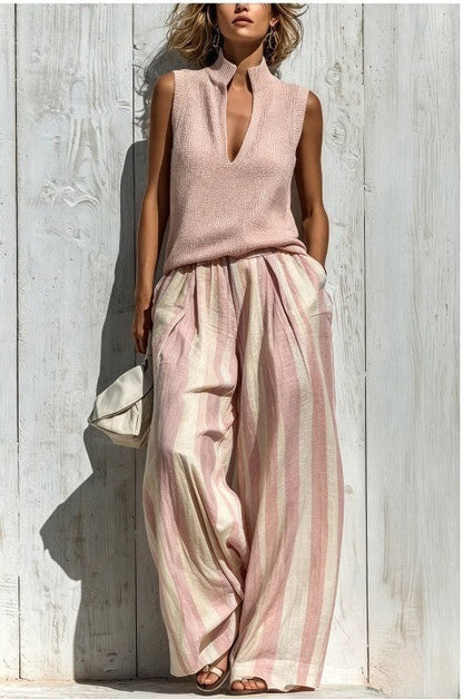 Beata | completo top smanicato e pantalone a righe, Rosa Cipria