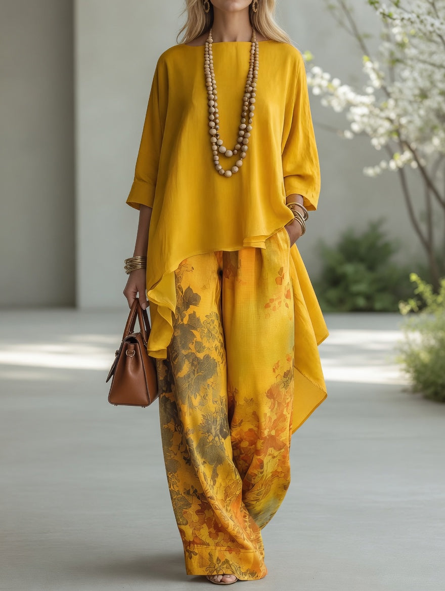 Ileana, completo tunica asimmetrica e pantalone ampio a fiori acquerello, giallo senape