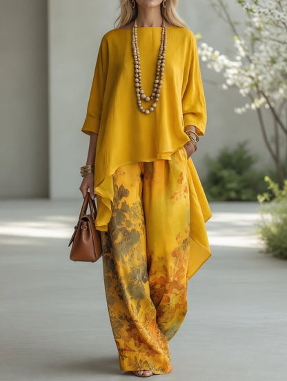 Ileana, completo tunica asimmetrica e pantalone ampio a fiori acquerello, giallo senape