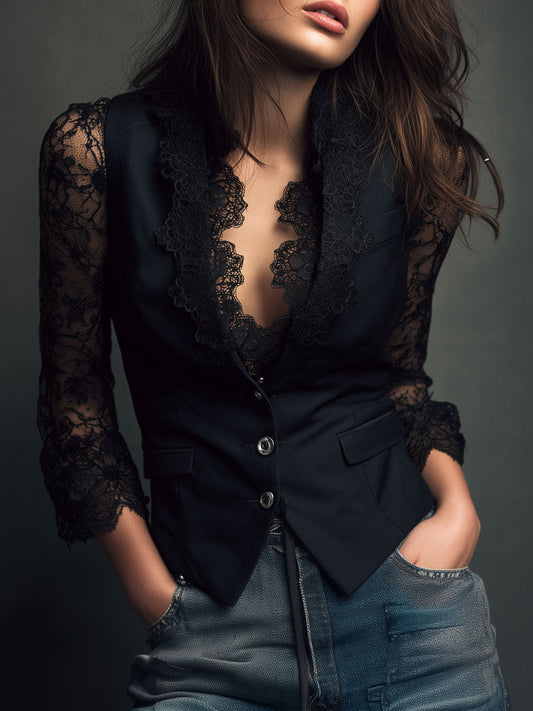 Ninon | Top Blazer a Maniche Semitrasparenti