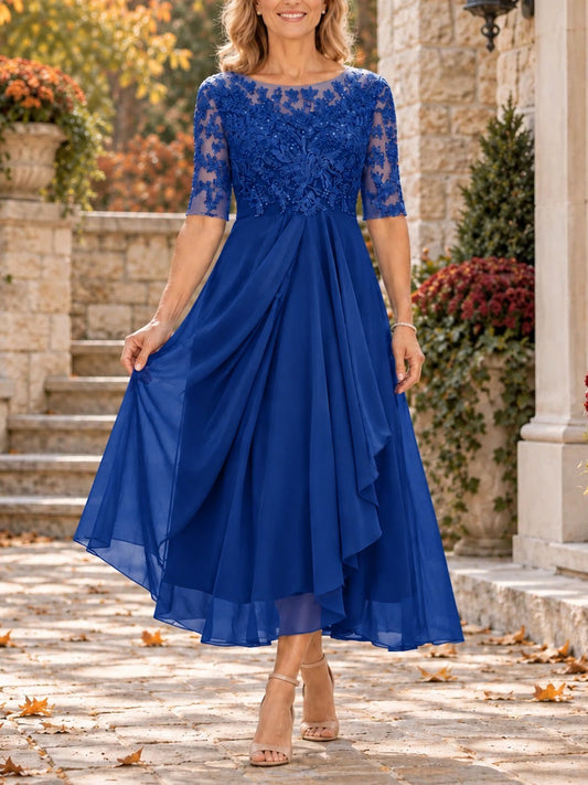 Celestina | Abito Midi con Corpetto in Pizzo e Gonna in Chiffon, Blu Royal