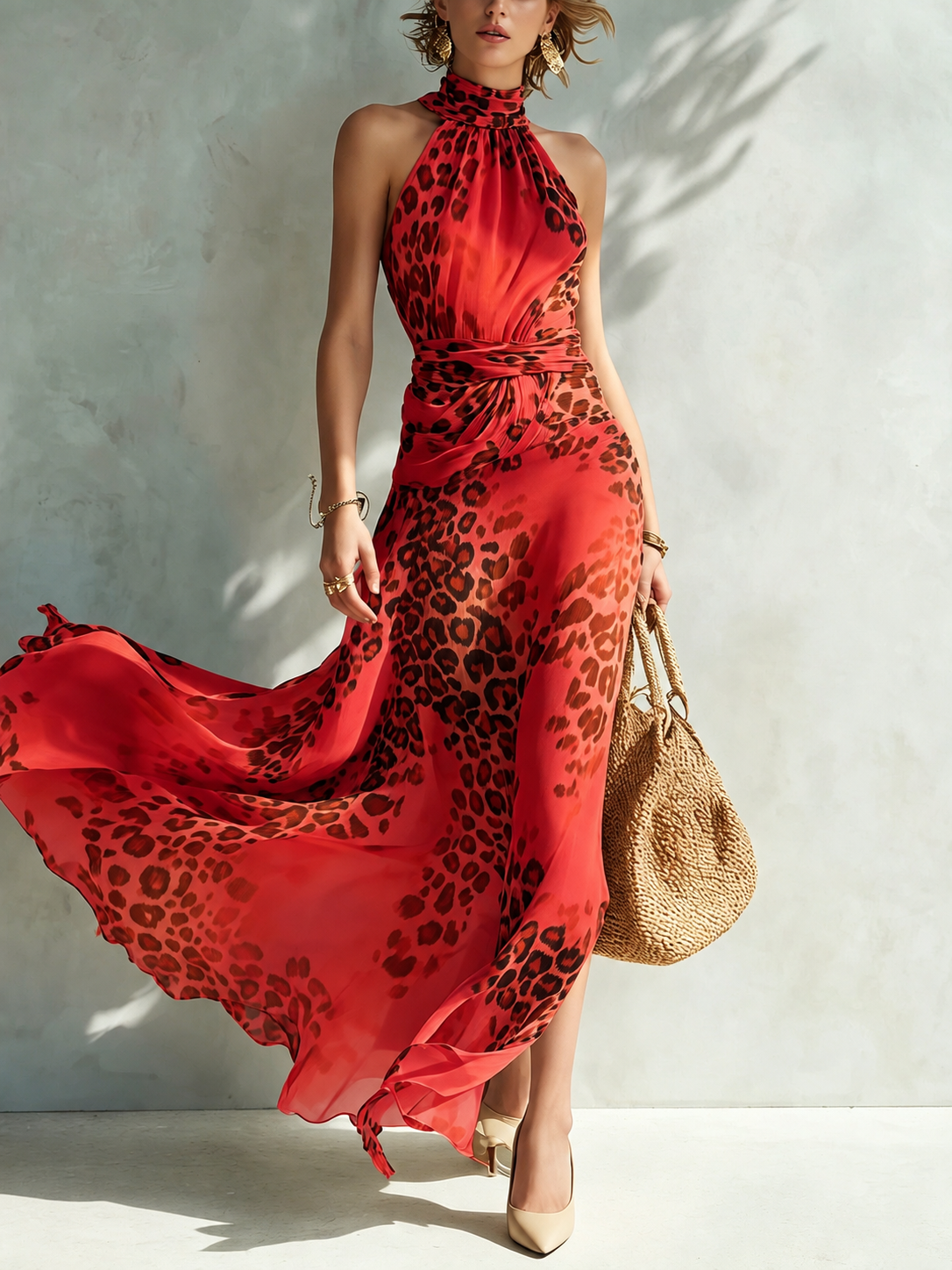 Danila – abito lungo animalier rosso, frontale
