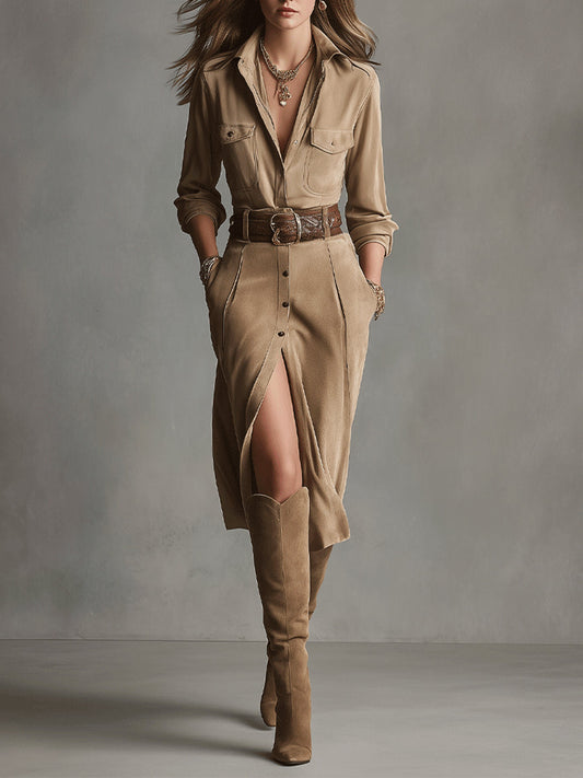 Basilia | Abito Midi Chemisier Effetto Scamosciato con Spacco, Beige