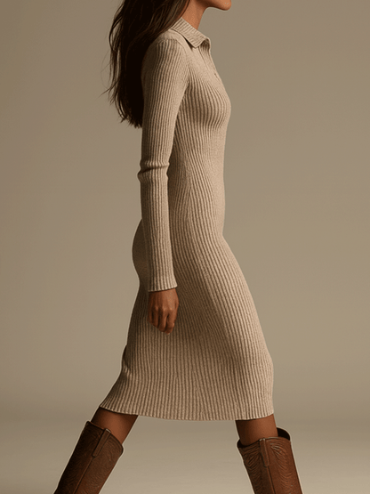 Fosca | Abito Midi in Maglia a Coste con Colletto e Bottoni, Beige