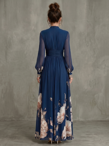 Zelina – abito maxi in chiffon blu navy, vista posteriore