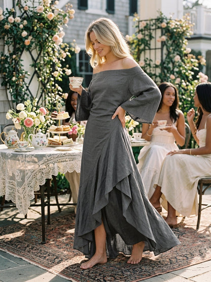 Evelina | Abito Maxi Minimal a Spalle Scoperte con Volant Asimmetrico, Grigio