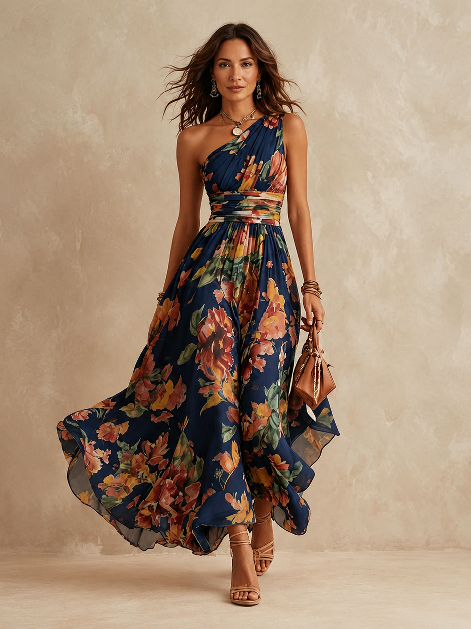 Leda, abito lungo monospalla a fiori, blu navy