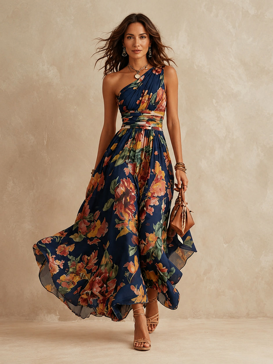 Leda, abito lungo monospalla a fiori, blu navy