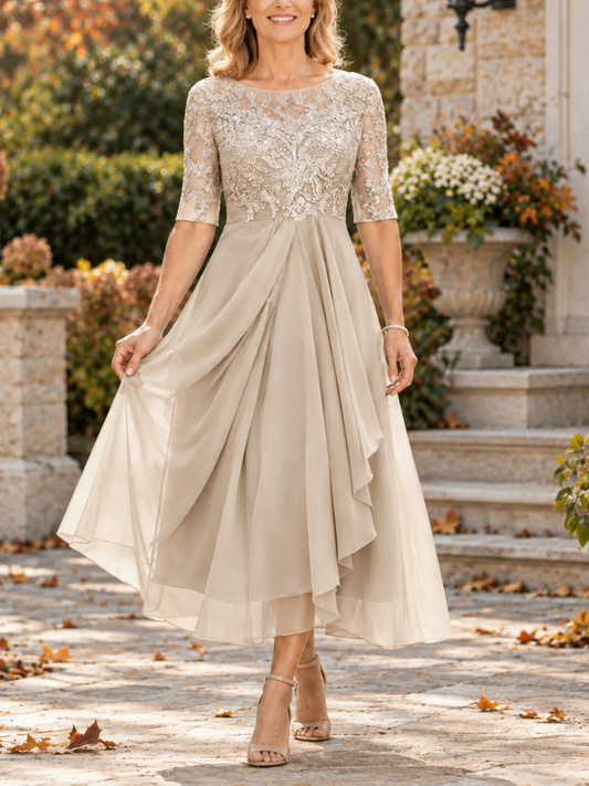Ilda | Abito Midi con Corpetto in Pizzo e Gonna in Chiffon, Champagne