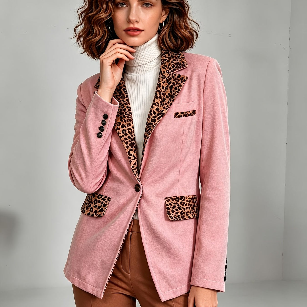 Clelia | Blazer in Velluto Rosa con Dettagli Leopardati