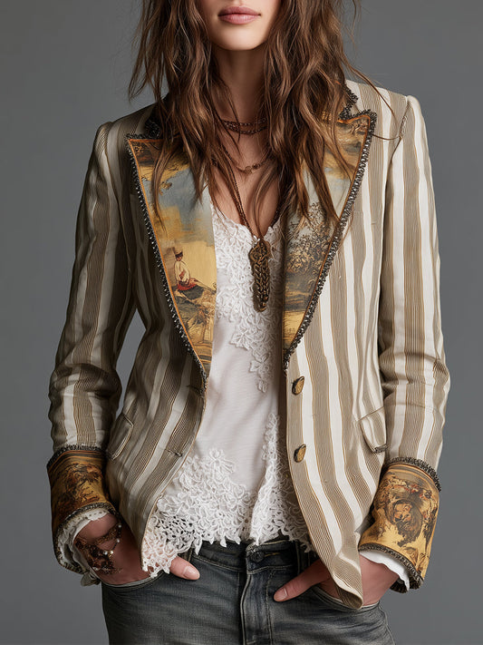 Suzanne | Blazer Bohémien a Righe con Pannello Dipinto, Kaki