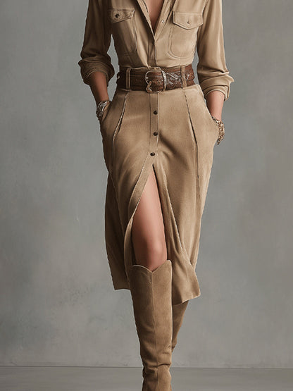Basilia | Abito Midi Chemisier Effetto Scamosciato con Spacco, Beige