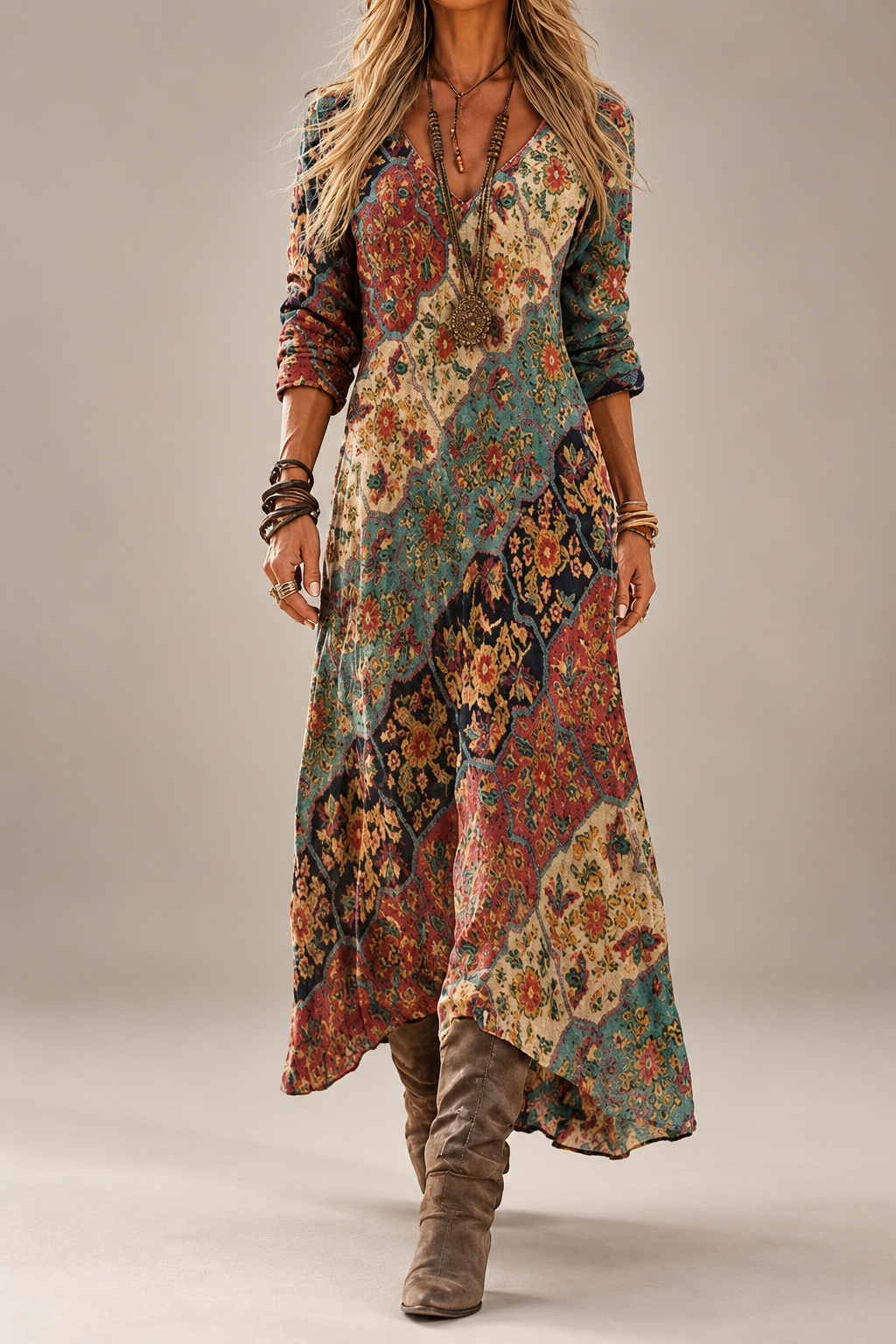 Lidiana – abito midi a stampa patchwork multicolore con scollo a V, vista frontale