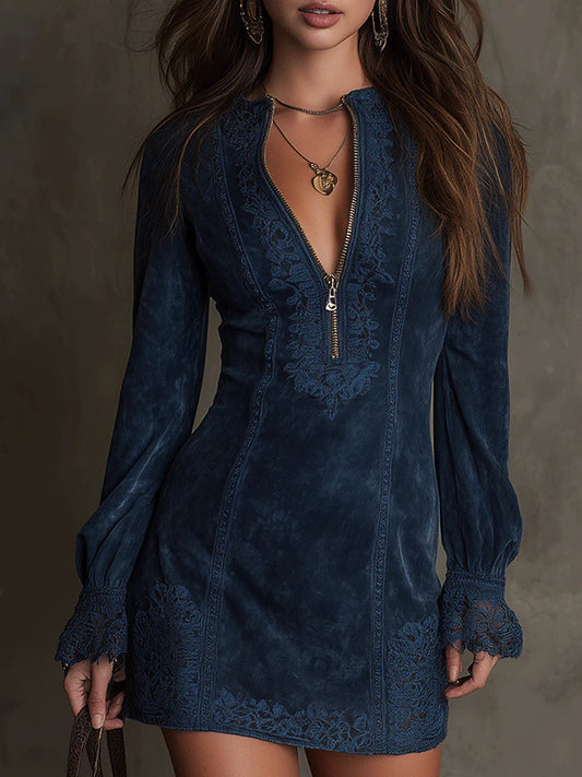 Leopoldina | Abito Mini Effetto Scamosciato con Zip e Pizzo, Blu