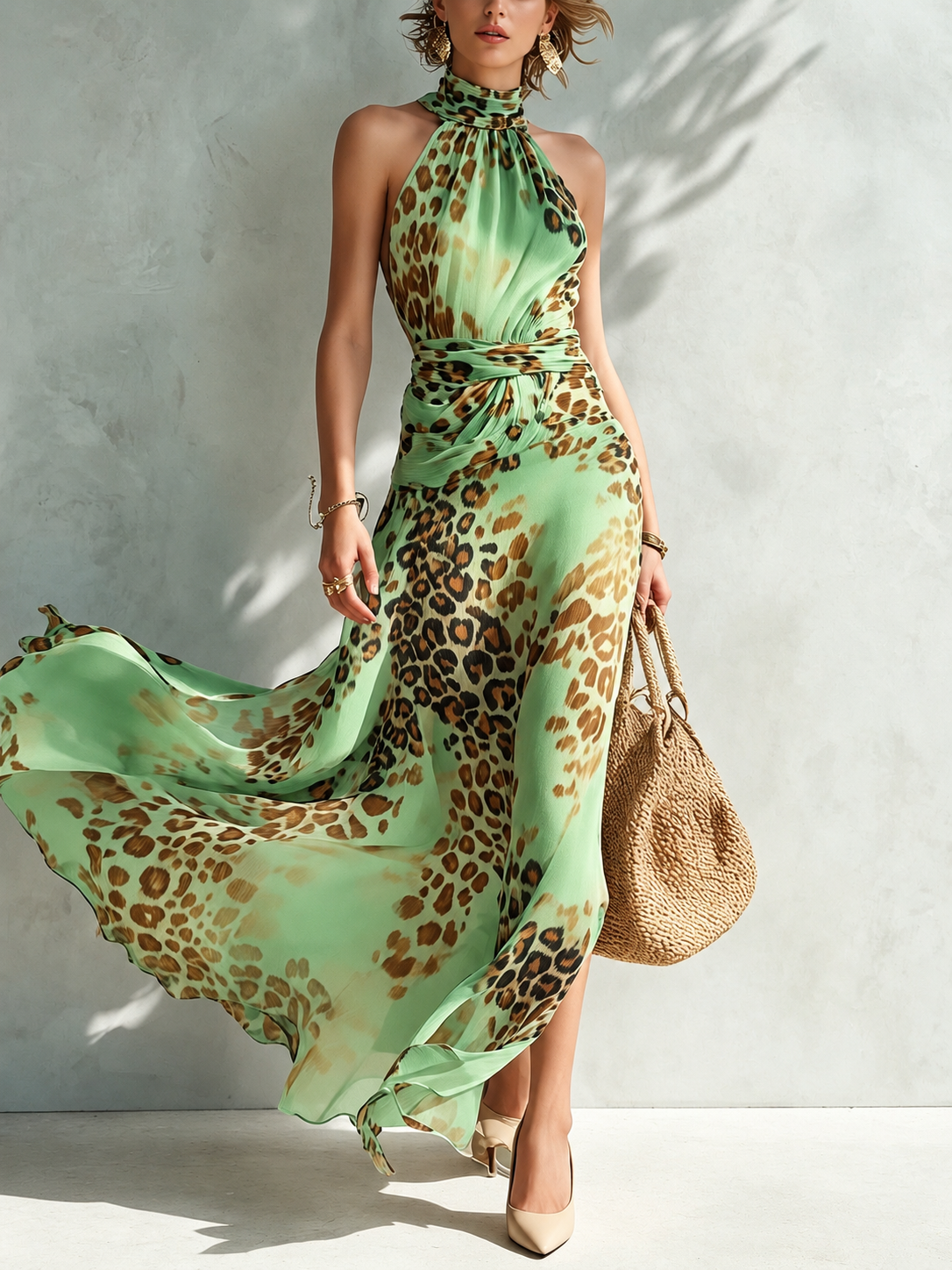 Danila – abito lungo animalier verde chiaro, frontale