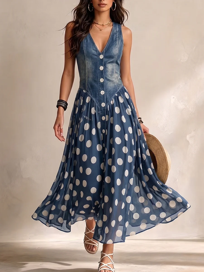 Adelia – abito lungo blu con corpetto effetto jeans e gonna a pois, frontale
