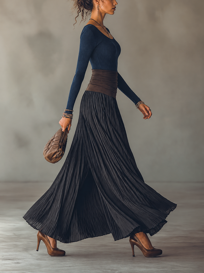 Benedetta | Completo Top a Coste e Gonna Maxi Plissé, Blu Navy