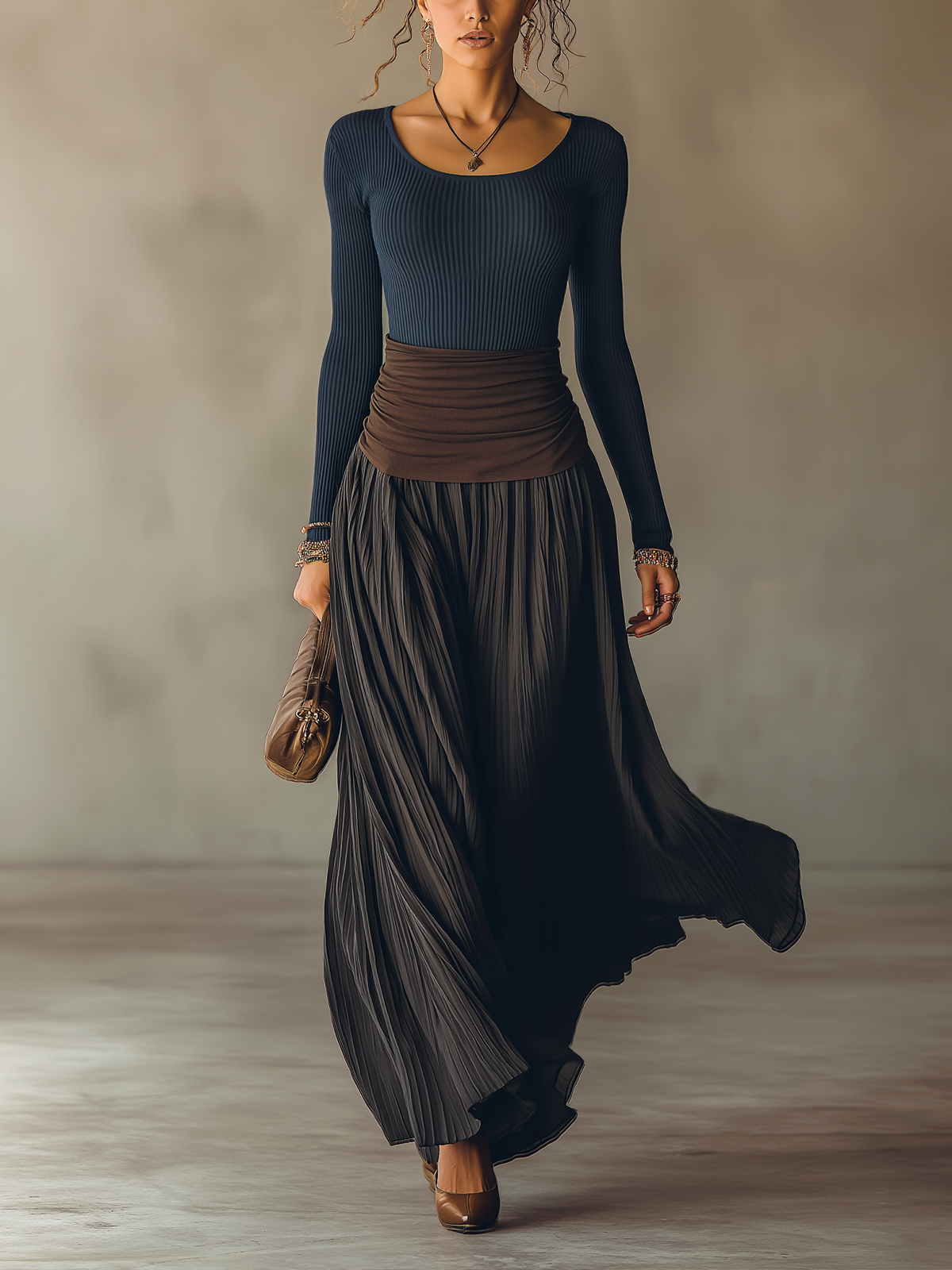Tilde | completo top a coste e gonna plissettata, Blu Navy