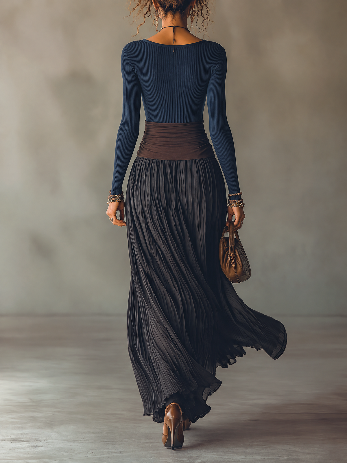 Benedetta | Completo Top a Coste e Gonna Maxi Plissé, Blu Navy