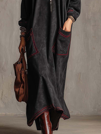 Lisetta | Abito Maxi Effetto Scamosciato Nero con Cuciture Rosse e Tasche Applicate
