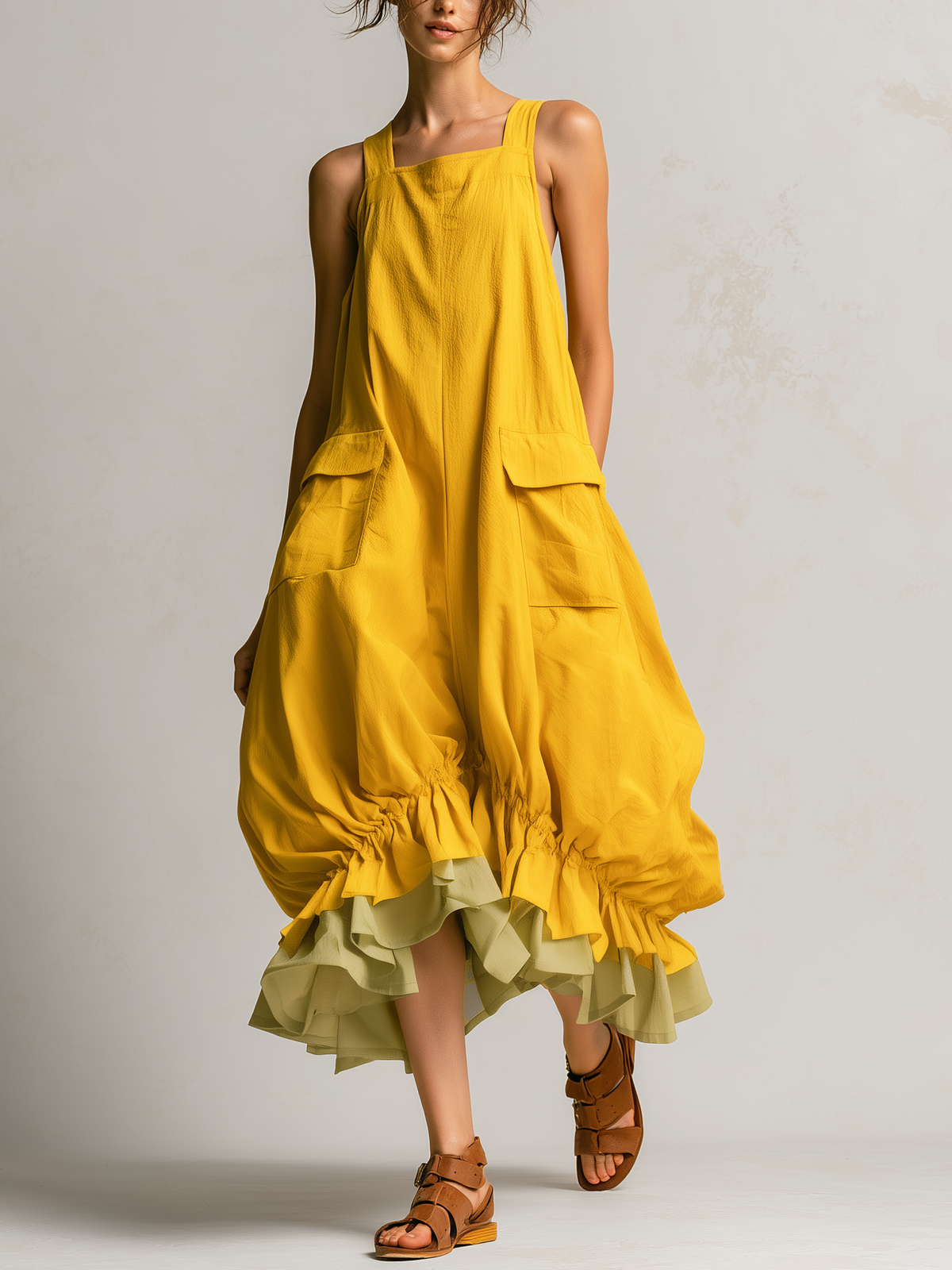 Marisa | Abito Midi a Palloncino con Tasconi e Balze a Contrasto