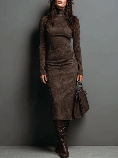 Dorilla – abito midi effetto suede marrone scuro, vista frontale