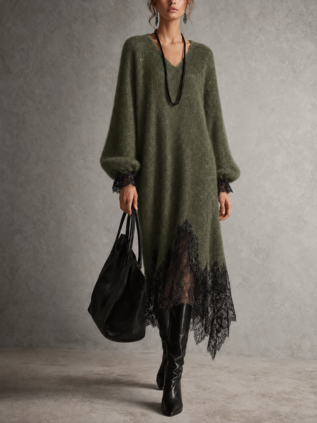 Solange | Abito Midi in Maglia con Scollo a V e Orlo in Pizzo