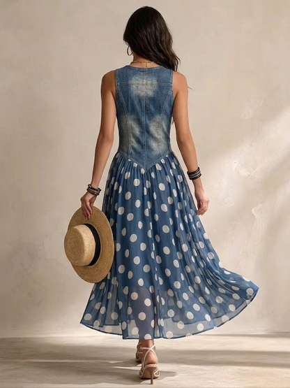 Adelia – abito lungo blu con corpetto effetto jeans e gonna a pois, retro