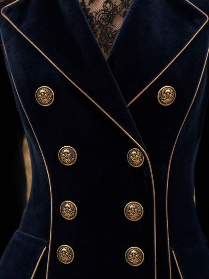 Cordelia | Cappotto Lungo in Velluto con Doppiopetto e Profili Dorati, Blu Navy