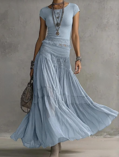 Idalia | completo top in pizzo e gonna plissettata, Azzurro Polvere