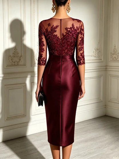 Abito Midi in Raso con Maniche in Tulle e Pizzo Nero