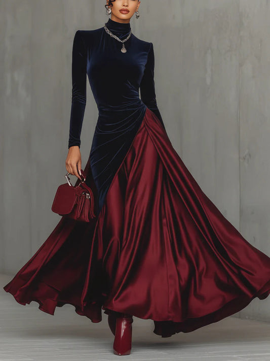 Odilia – abito lungo bicolore blu navy e bordeaux, vista frontale