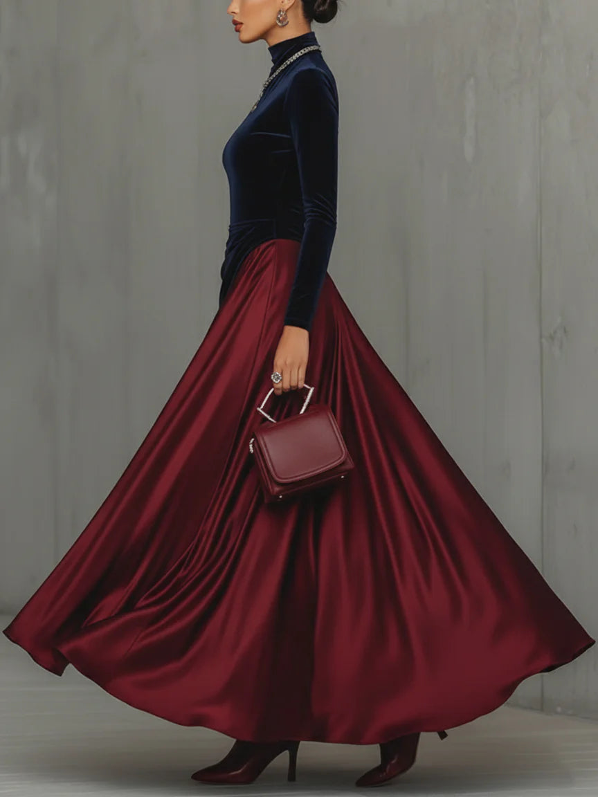 Odilia – abito lungo bicolore blu navy e bordeaux, vista laterale