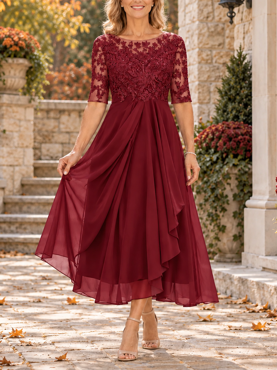 Ernesta | Abito Midi con Corpetto in Pizzo e Gonna in Chiffon, Bordeaux