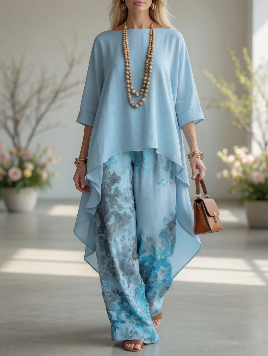 Ileana, completo tunica asimmetrica e pantalone ampio a fiori acquerello, azzurro