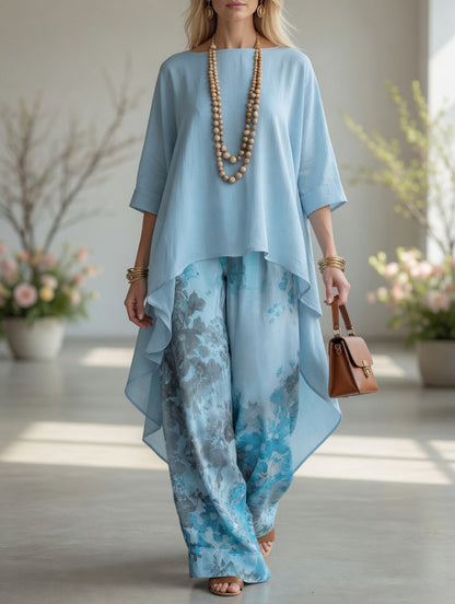 Ileana, completo tunica asimmetrica e pantalone ampio a fiori acquerello, azzurro