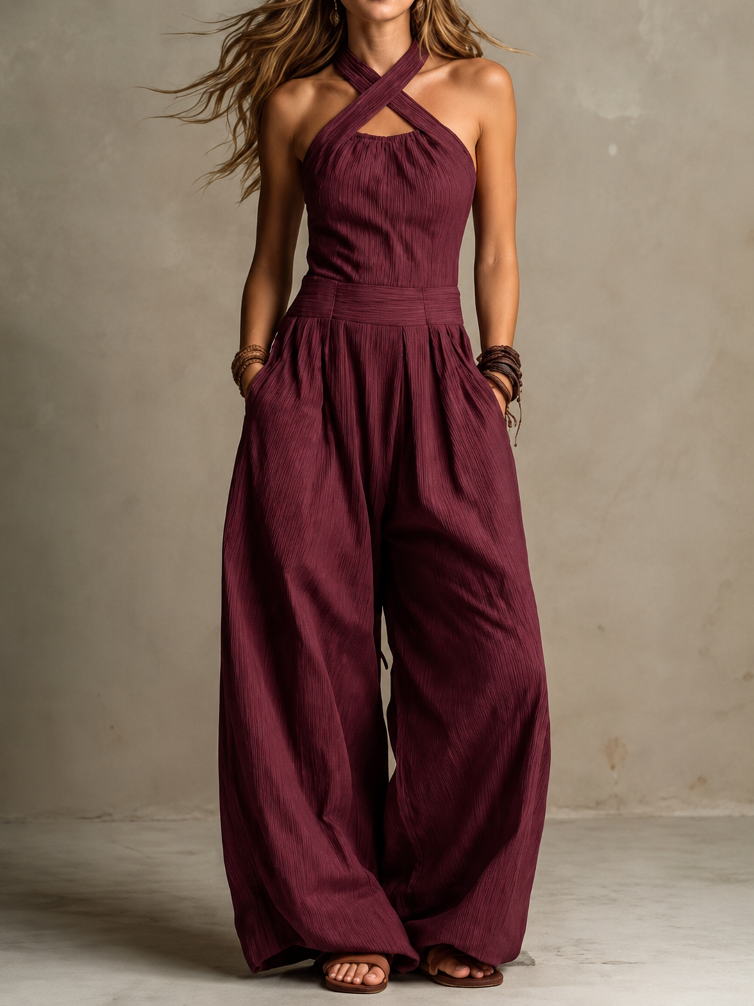 Bianca — Tuta Pantalone Ampio Scollo Incrociato
