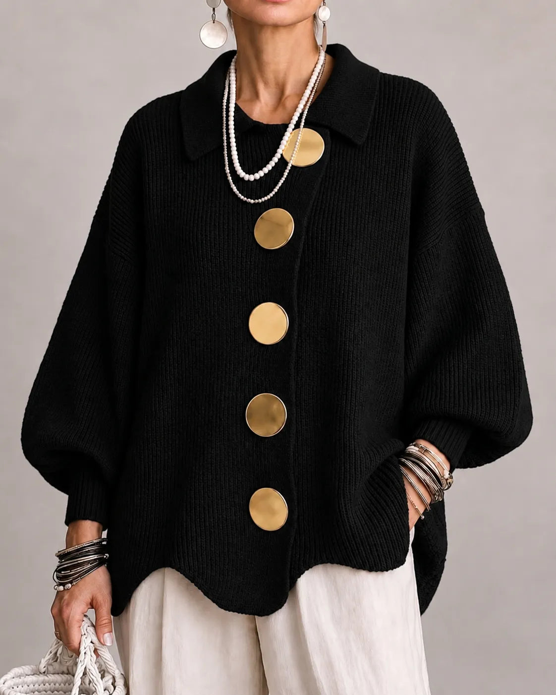 Elara | Cardigan Oversize in Maglia con Bottoni Dorati