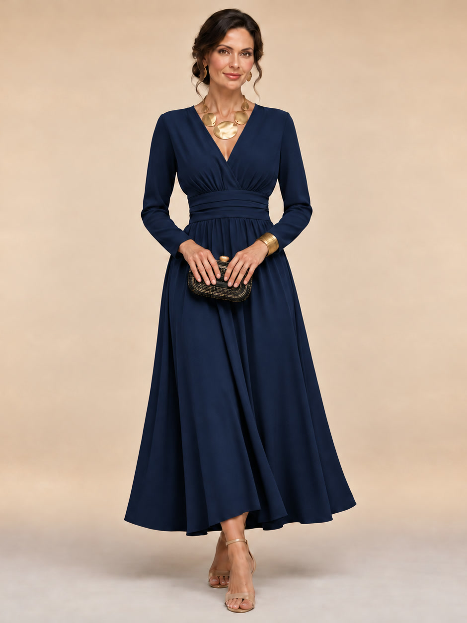 Cristiana, abito midi a portafoglio con maniche lunghe, blu navy
