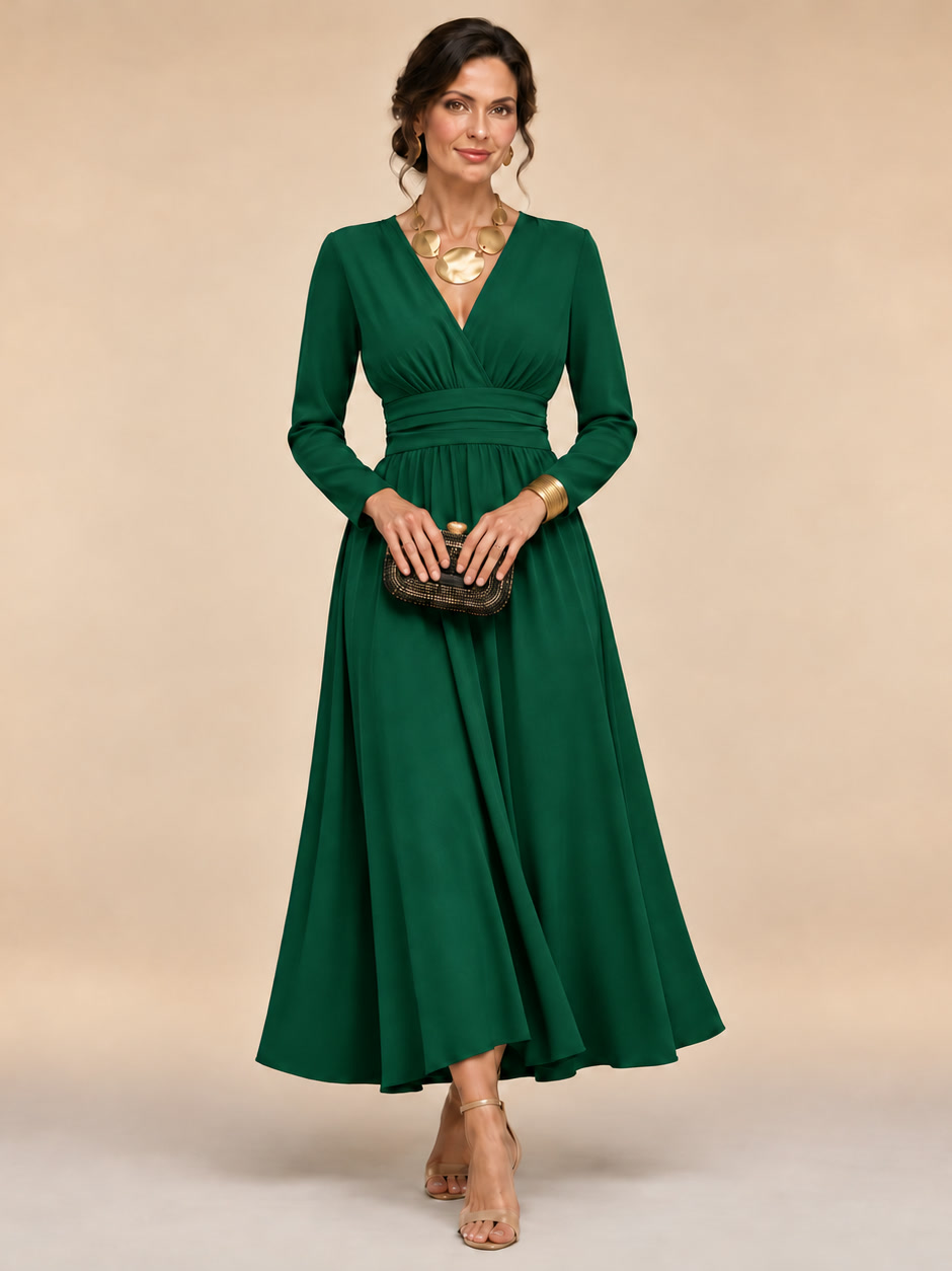 Cristiana, abito midi a portafoglio con maniche lunghe, verde